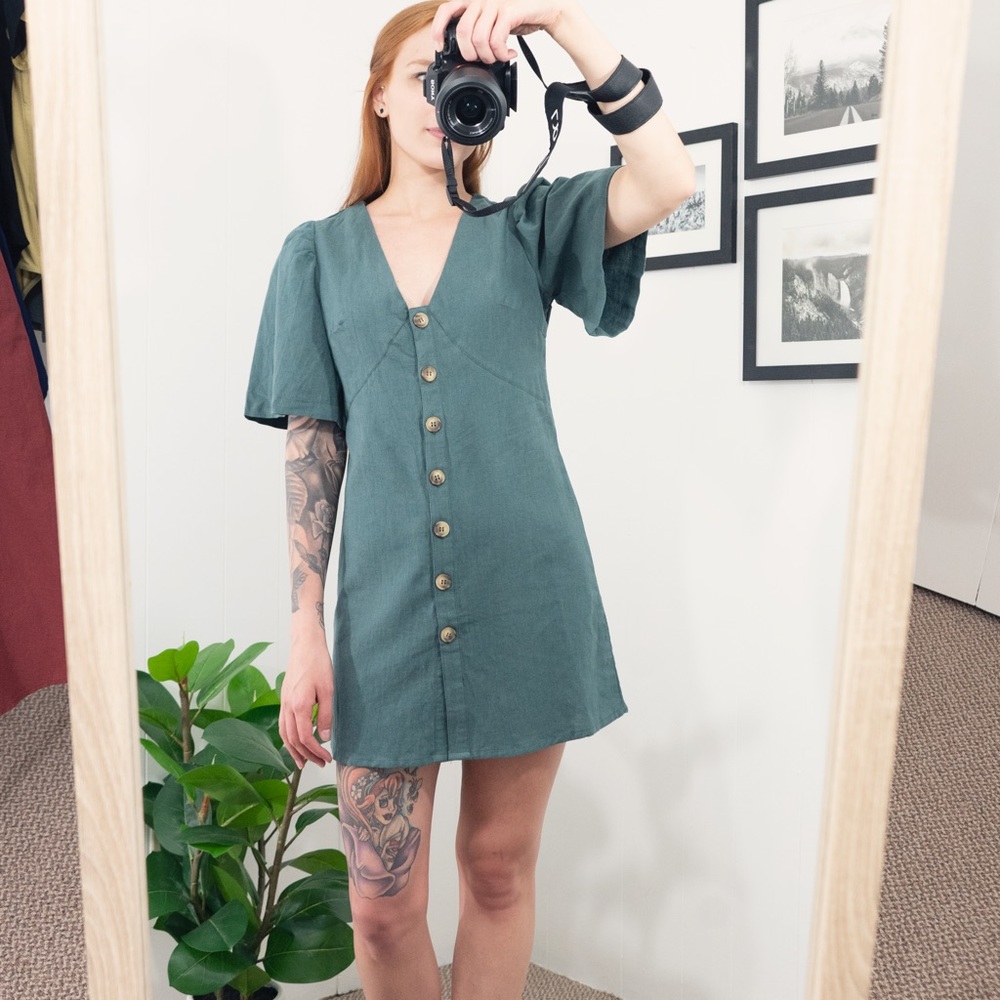 Teal Button Down Puff Sleeve Linen Dress